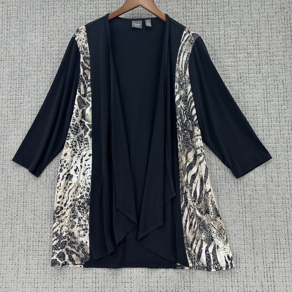 Travelers By Chicos Open Cardigan Womens L Black Beige Sequin Animal Print